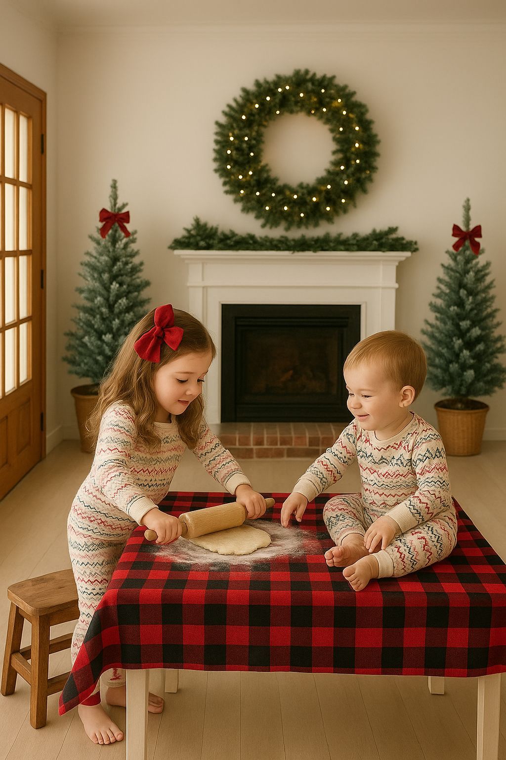 Two children in matching sweaters play together on a red plaid bench with holiday decorations in the background.