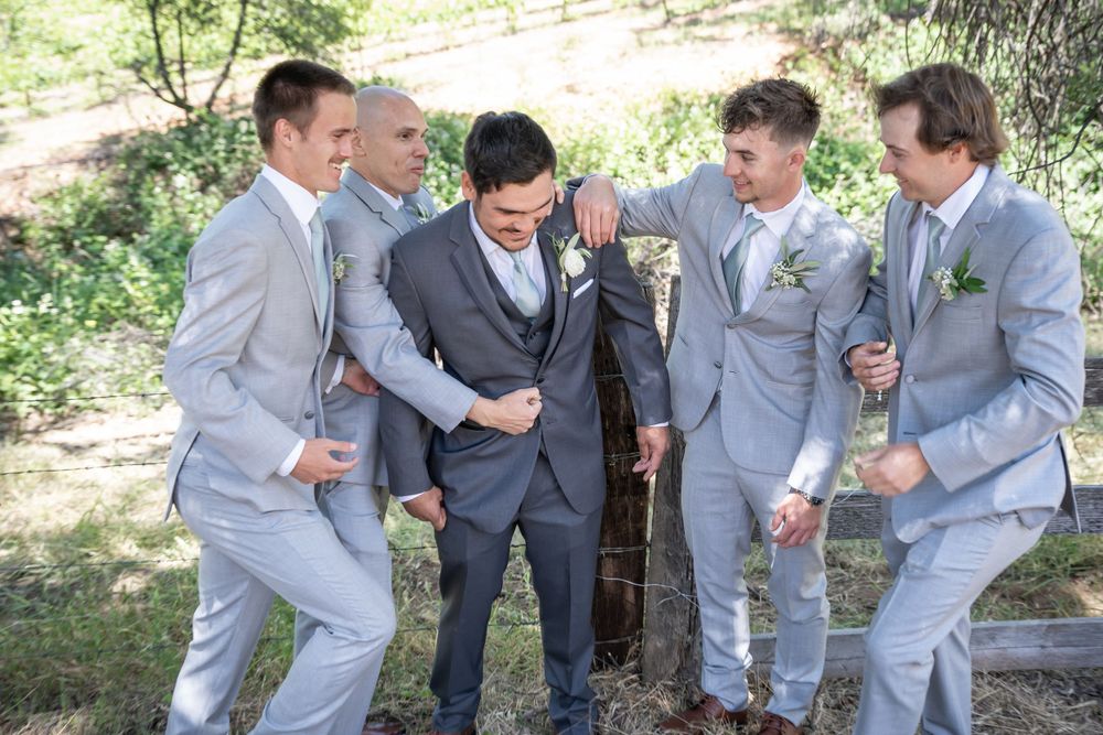 Photo of the groom with his groomsmen in Angel's Camp California. Photo by Ashley Nicole Baeza, Northern California wedding photographer.