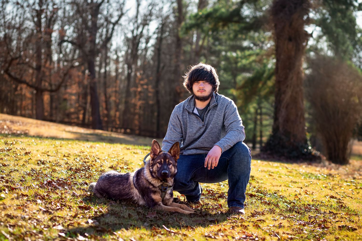 Someone sits with their loyal German Shepherd dog on a sunny autumn hillside.
