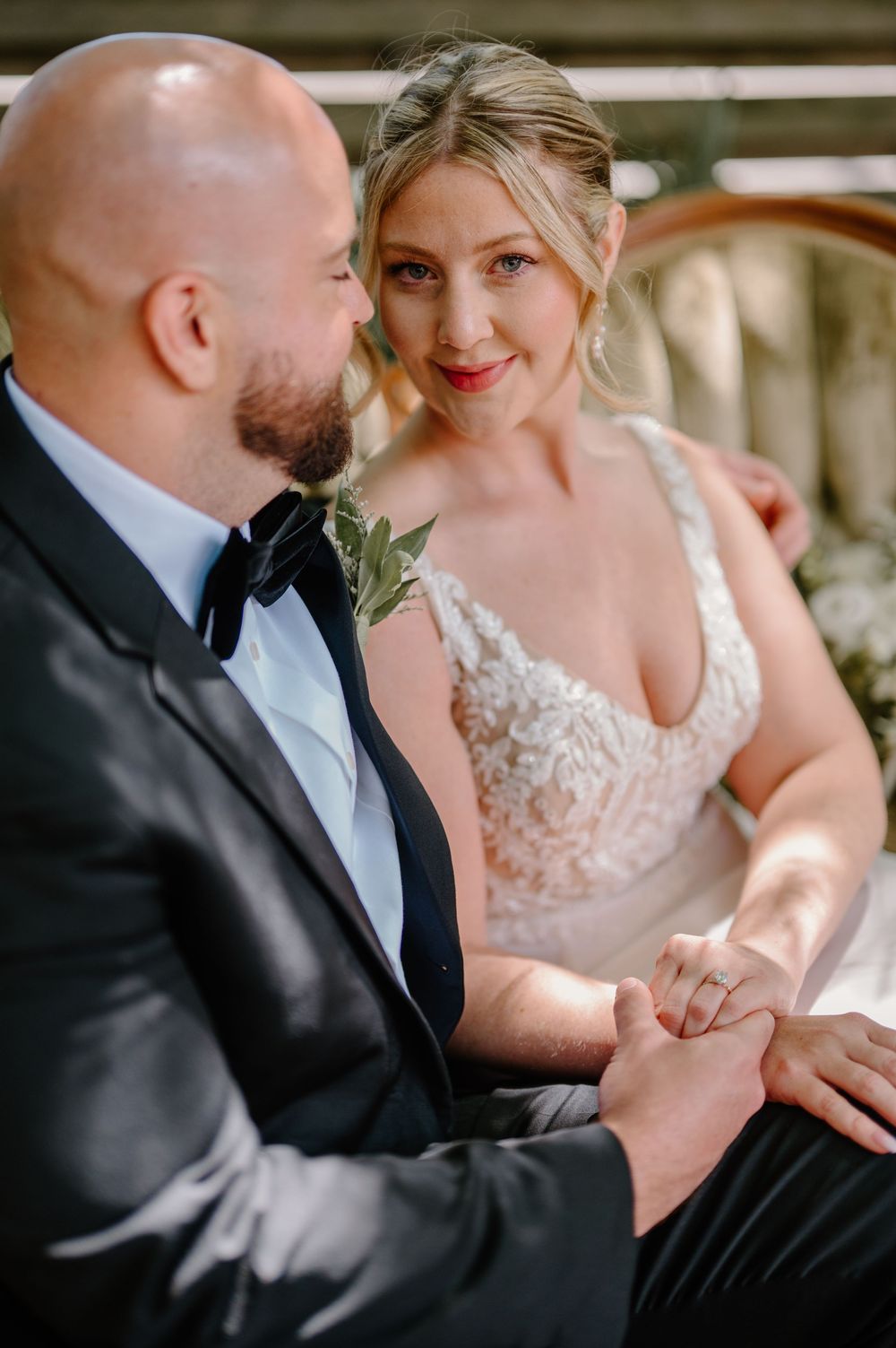 A romantic wedding moment captured in a series of connected photos showing tender expressions between bride and groom.