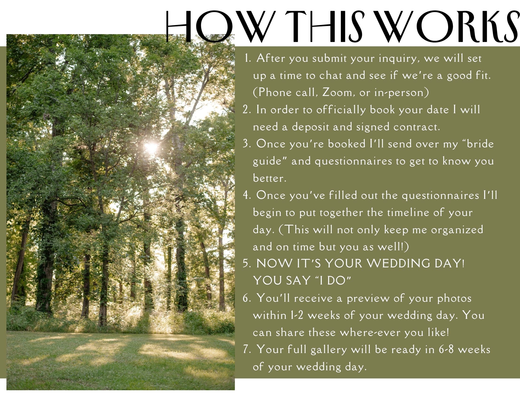 Wedding photography workflow steps displayed on forest background with sunlight.