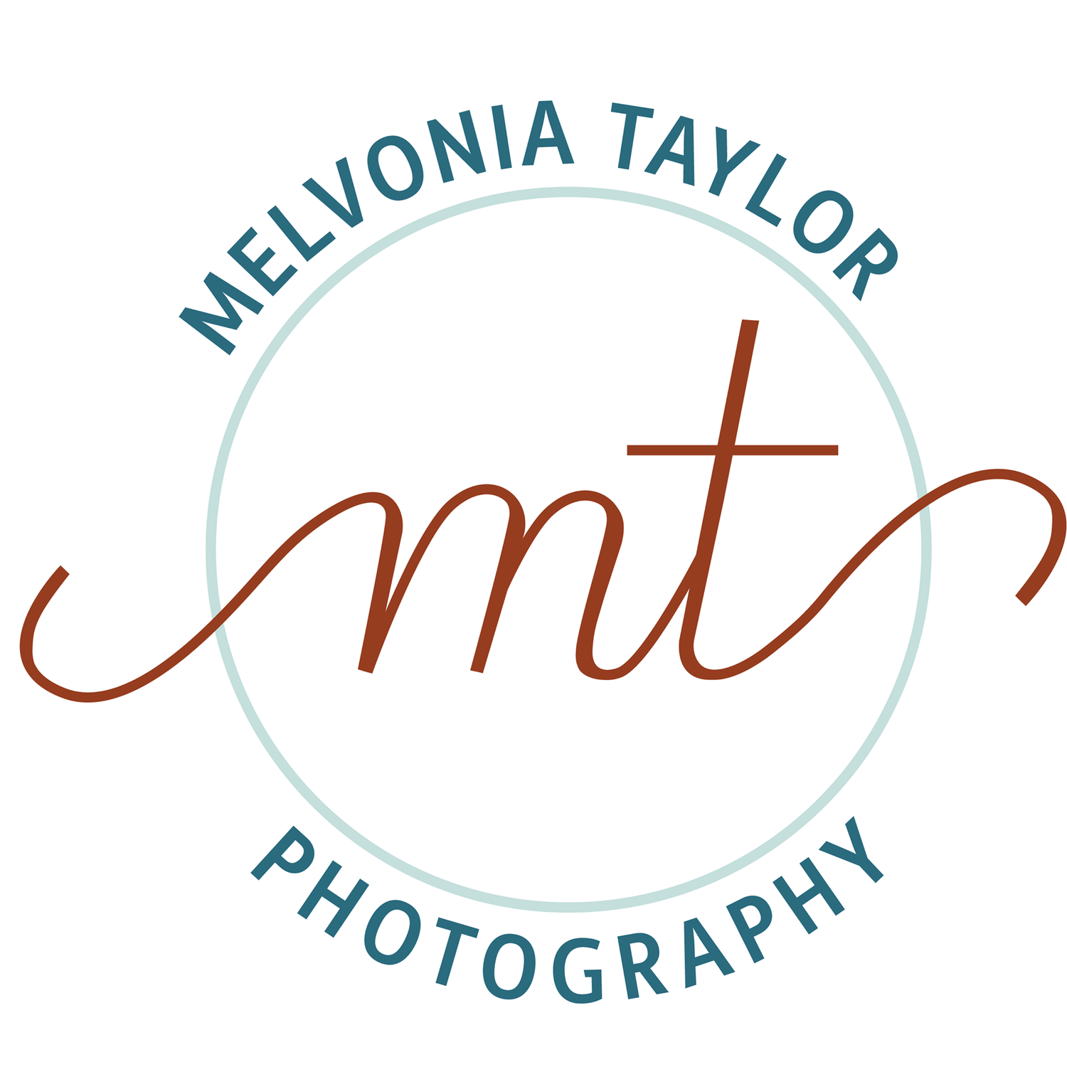 A circular photography logo design with cursive "mt" monogram in brown and teal blue text around the perimeter.