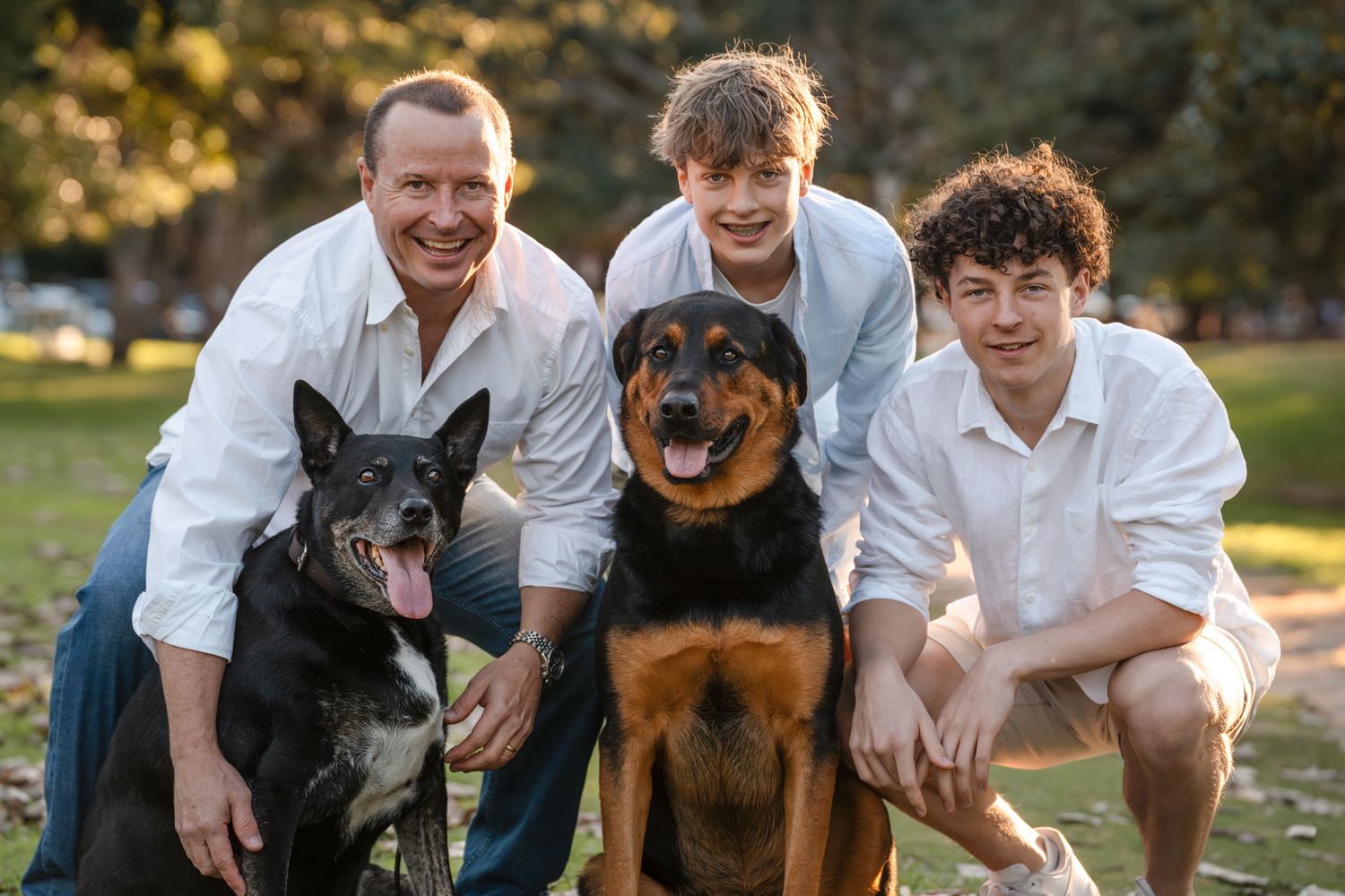 Dad and sons with their two dogs during a family photoshoot in Mosman
