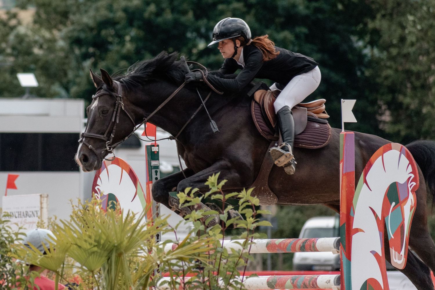 Photo de femme à cheval lors d'un concours équestre