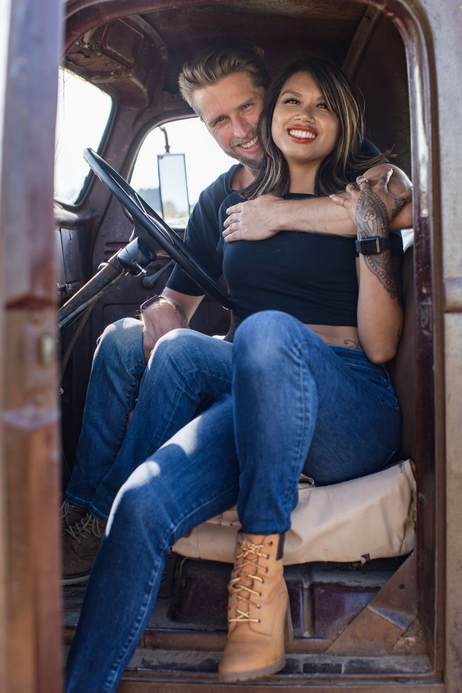 A series of images showing a couple's feet in casual wear sitting inside a rustic vehicle interior.