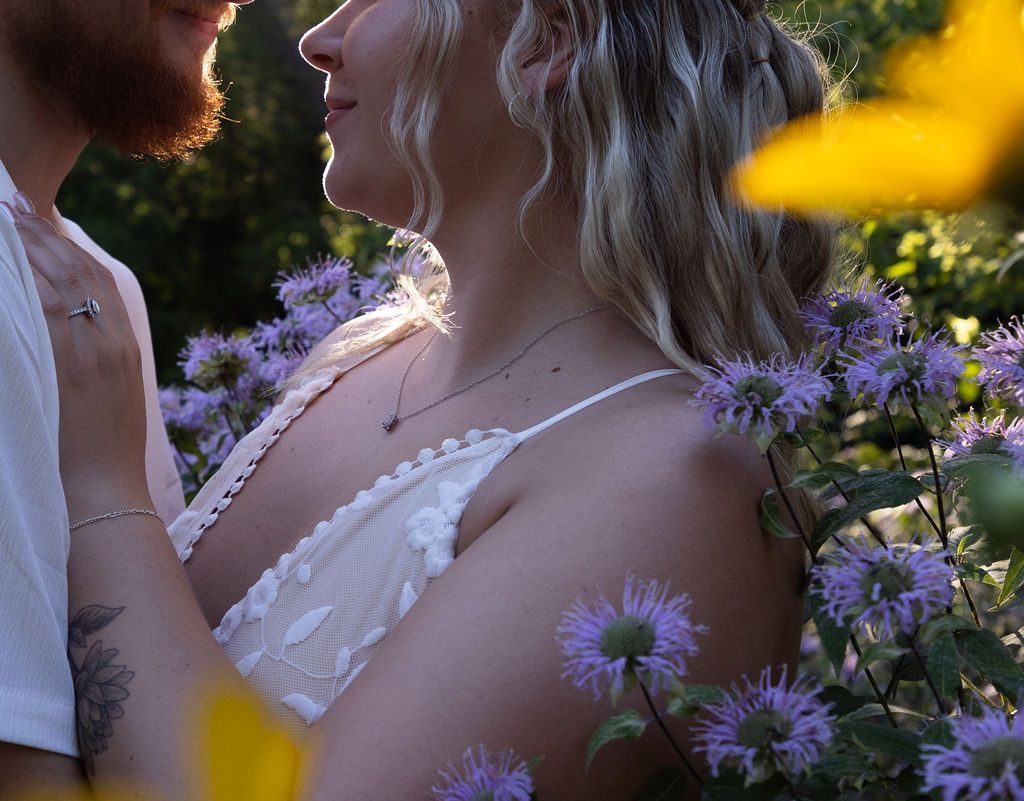 Intimate close-up moment captured among purple asters in a summer garden.
