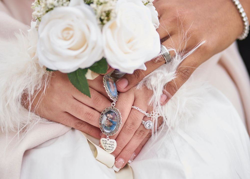 Close-up detail shots of wedding ring sets on hands with delicate engagement rings and manicured nails.