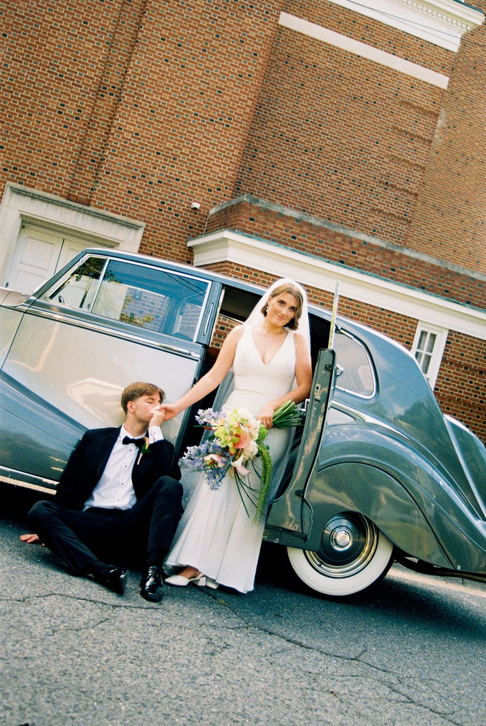 A series of vintage-style photos showing a classic car and wedding couple posing next to it on a brick building backdrop.