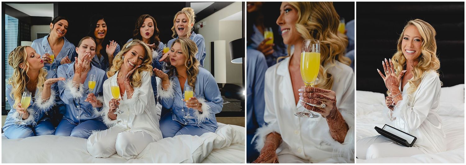 Wedding party in matching white robes relaxing and celebrating together.