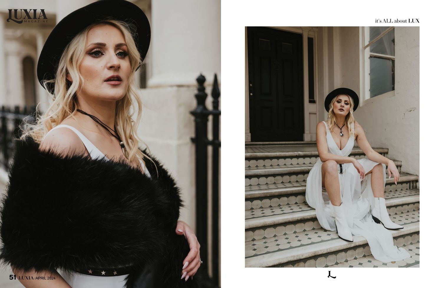 A tear sheet from Lucia magazine featuring Dorota in Wedding clothing in various poses in Hove