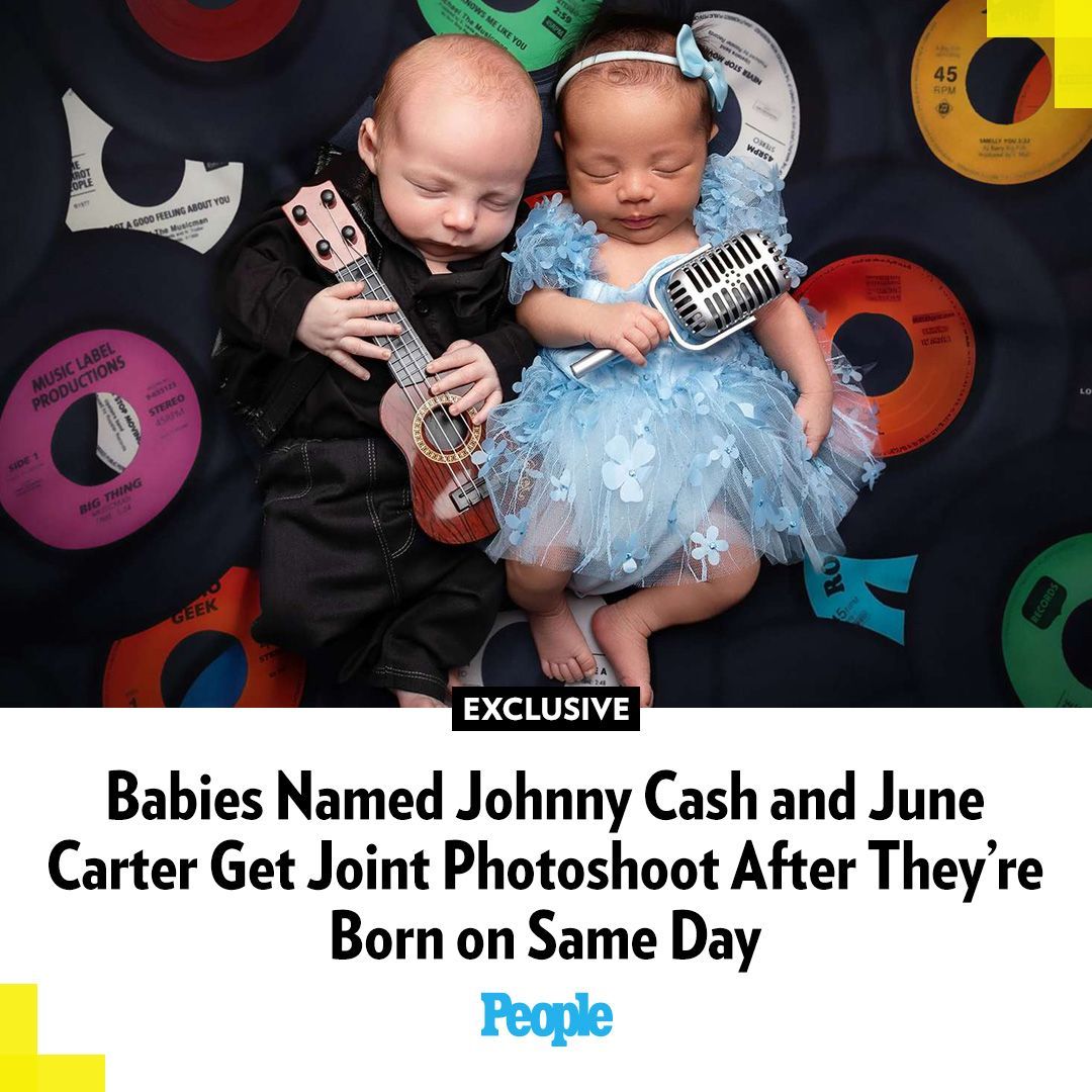 Two infants posed with musical instruments on a backdrop of colorful vinyl records.