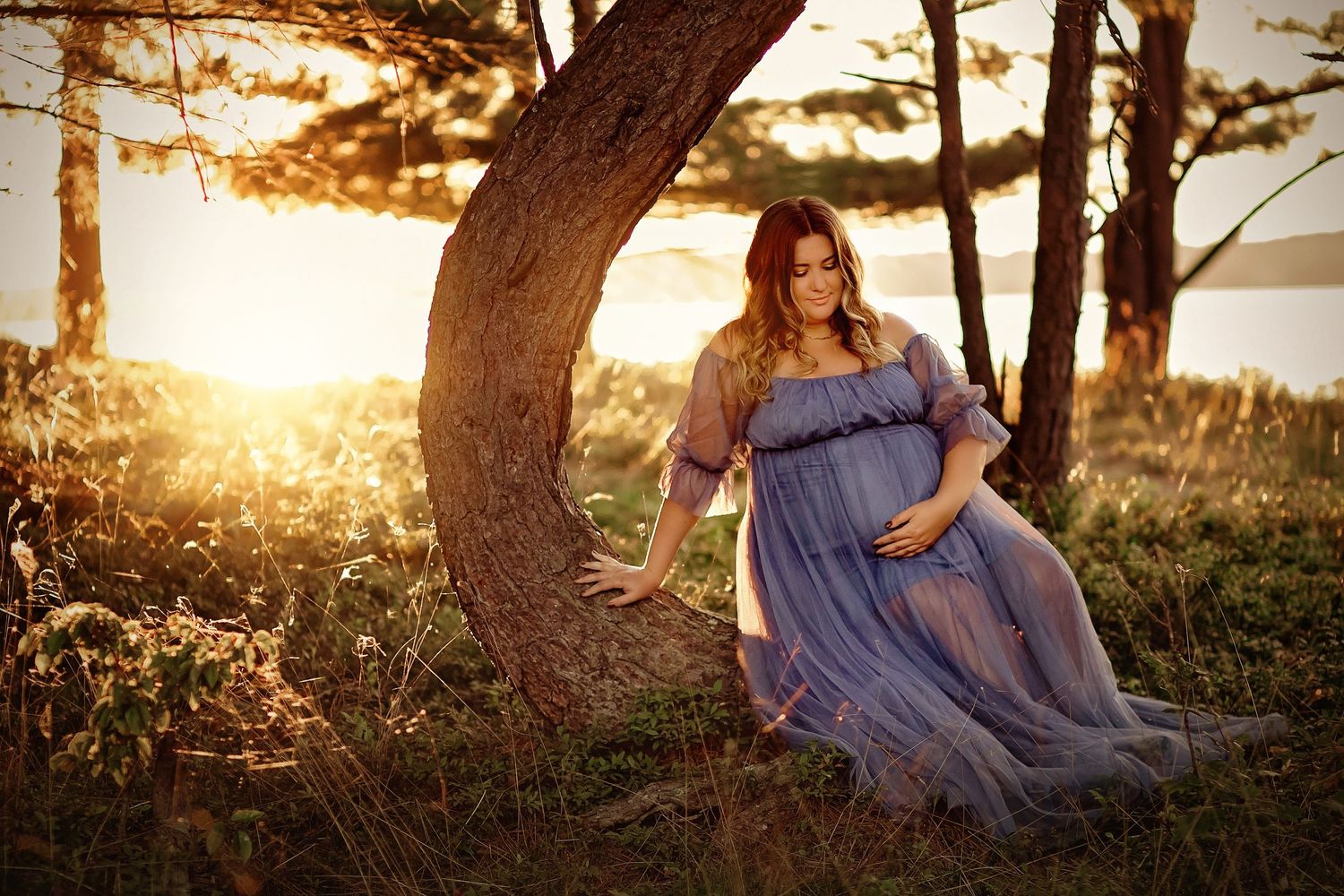 Pregnant woman in flowing lavender gown leans against a tree at golden hour in a serene outdoor setting.