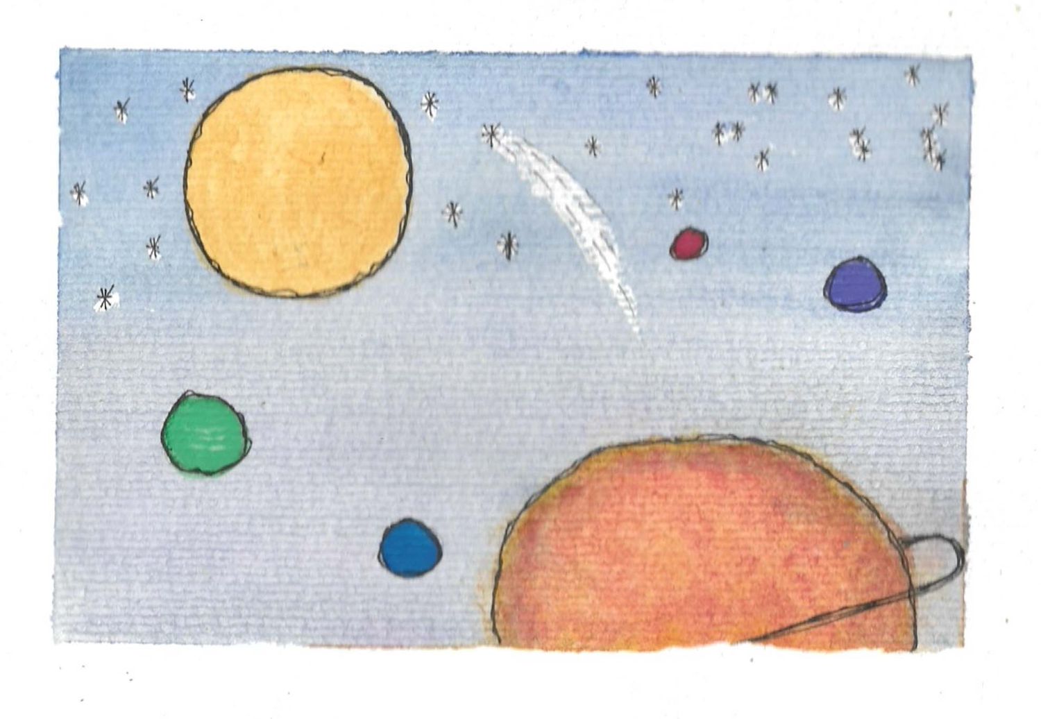 Whimsical watercolor painting of planets and stars in space with a yellow sun and orange planet.