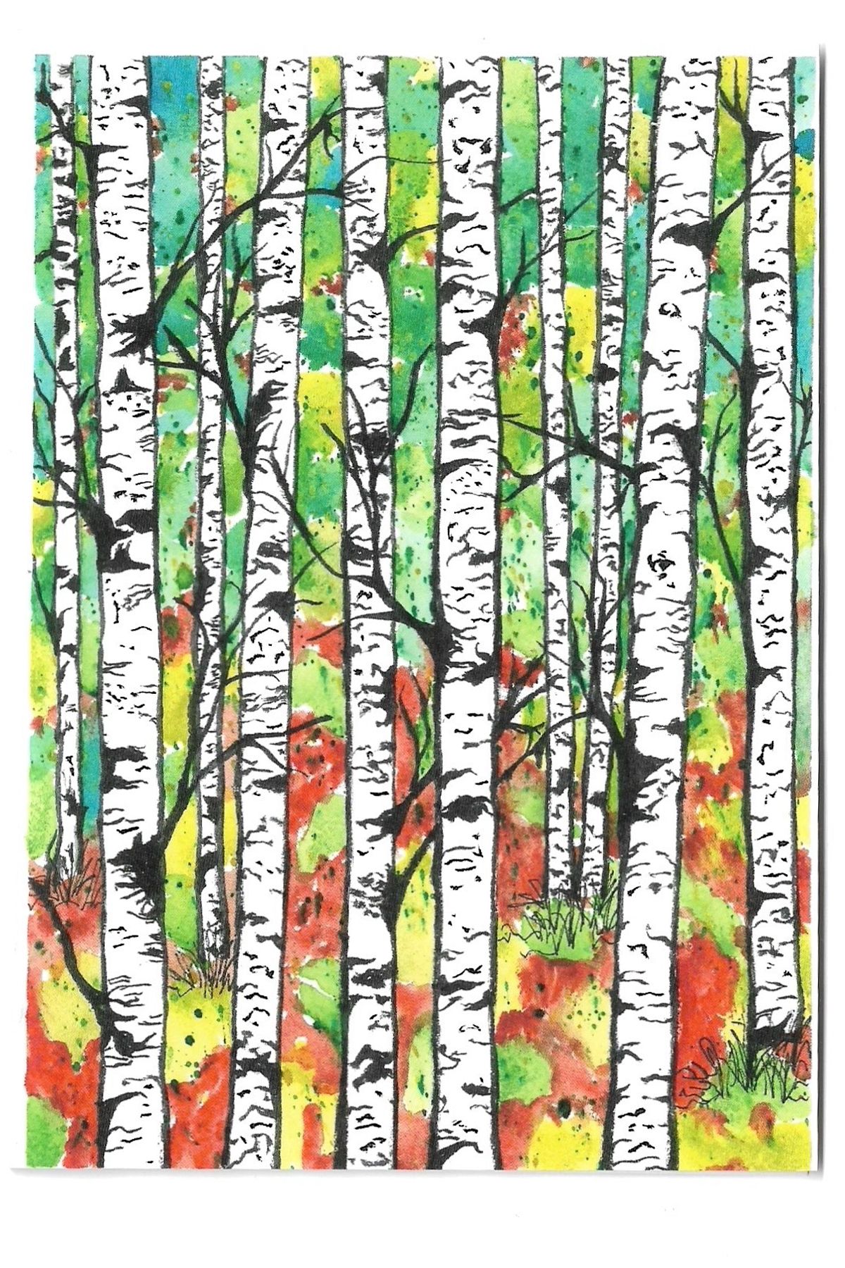 Vibrant watercolor painting of white birch trees with textured bark against a colorful forest background.