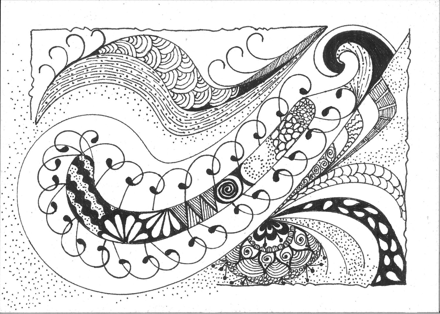 Abstract black and white doodle art featuring swirling patterns, dots, and decorative designs in a flowing composition.