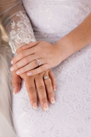 Bride and bride show off their wedding rings