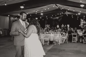 black and white photo of bride and groom's first dance in lake geneva wedding