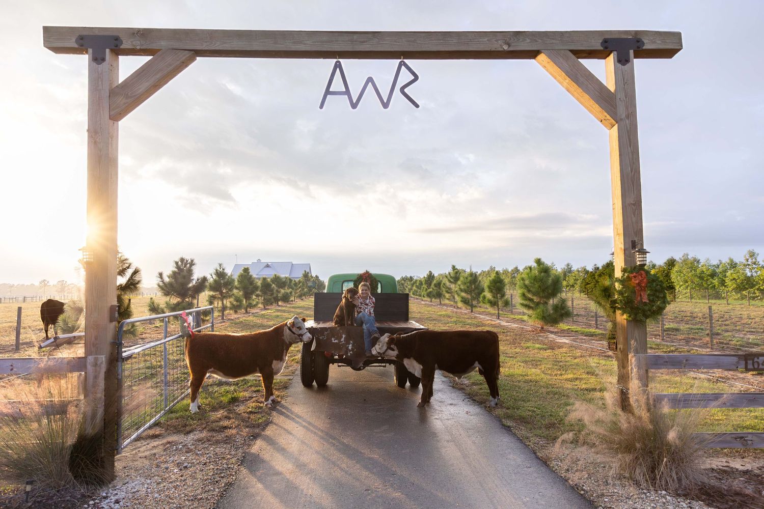 Ranch entrance with wooden archway displaying 'AvR' sign and horses at sunset.