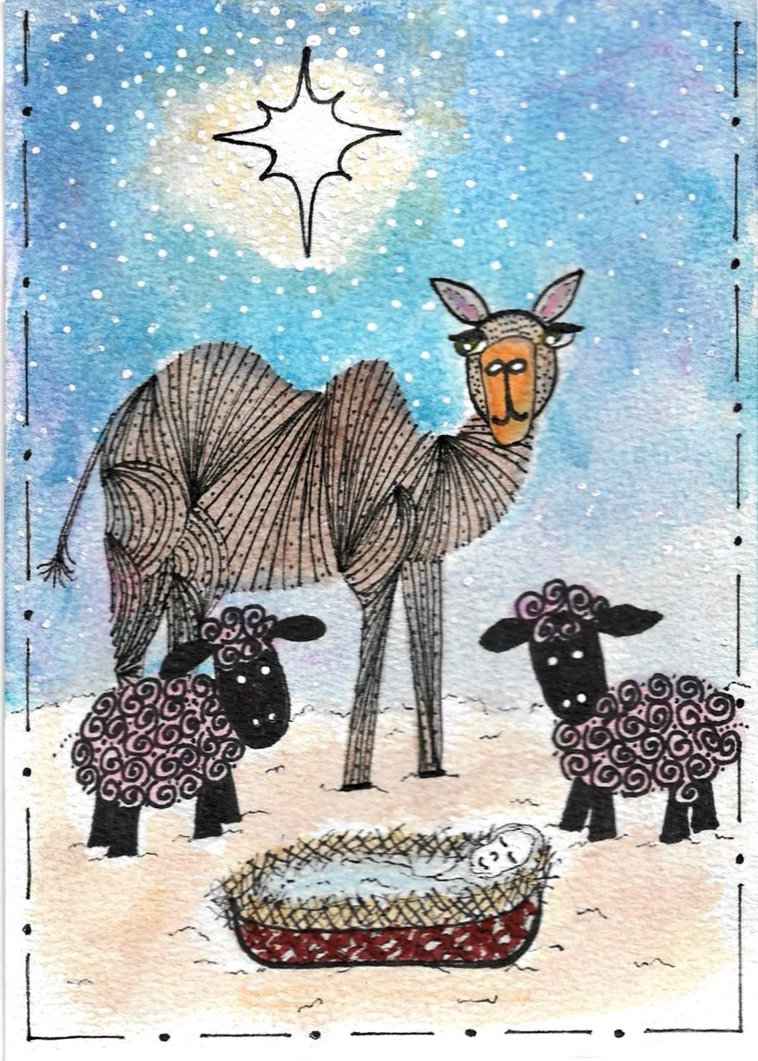 Whimsical illustration of sheep and donkey gathering around a manger under a starry night sky.