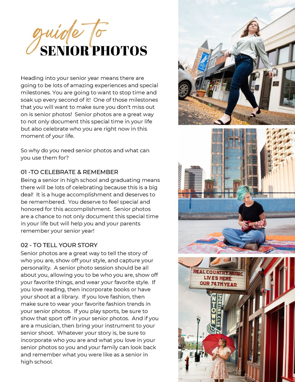 Magazine spread showing senior photo tips and guidelines with sample outdoor portrait images.