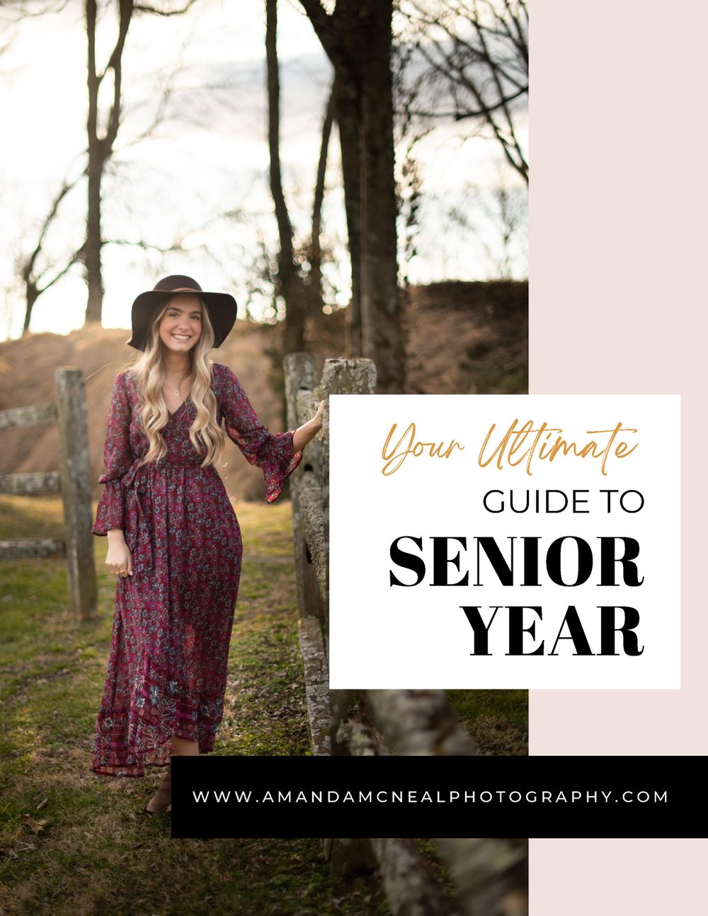 Senior portrait guide social media banner featuring outdoor photography in purple tones by Nashville Senior Photographer.
