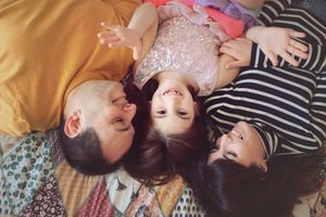 An overhead shot of a family lying together on a patterned blanket.