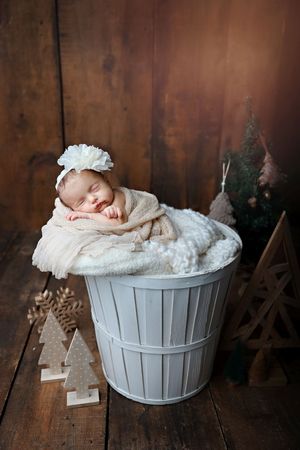 Sleeping newborn in white basket with rustic winter decorations and wooden trees.