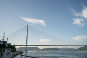 Large suspension bridge spanning across a bay with mountains in the distance.