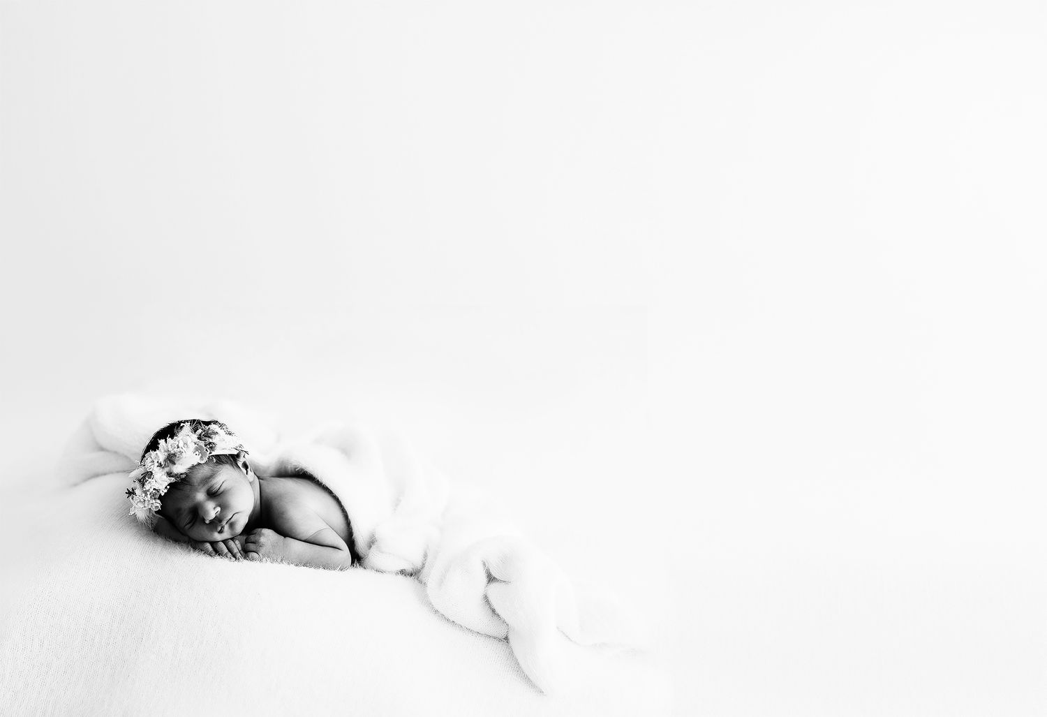 Black and white high-key portrait of a peaceful sleeping baby wearing a flower headband against white background.
Rashinphotography-Nova