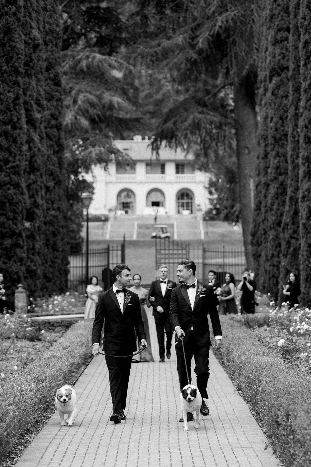 Two people walking dogs down a garden path towards a white building in black and white photography.
