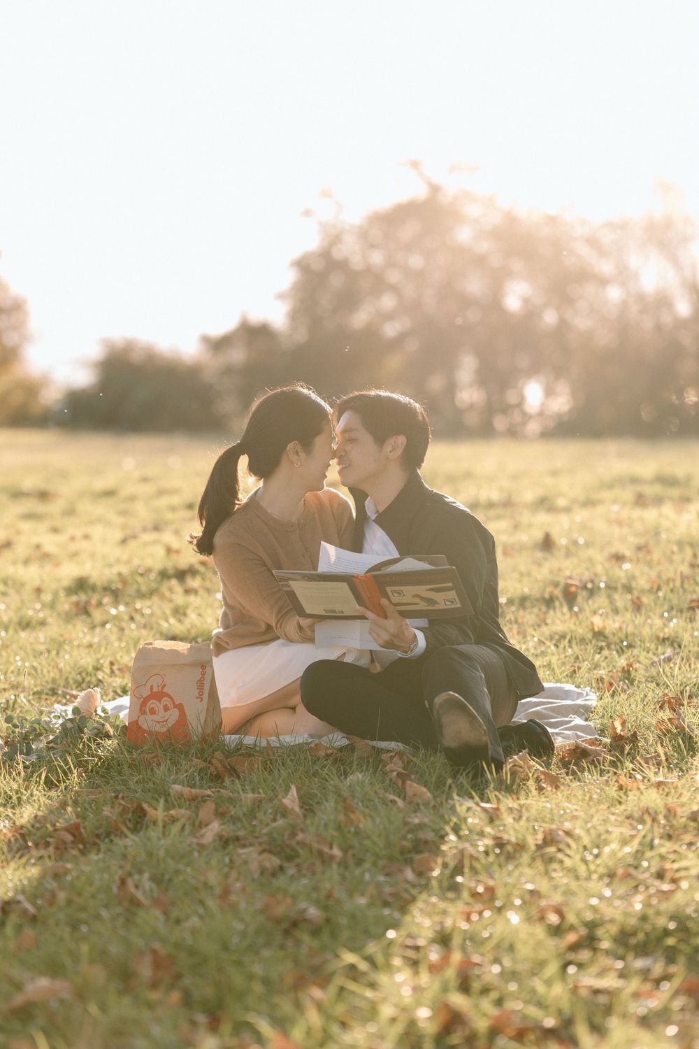 Couple sharing romantic picnic moment in sunlit meadow with books.