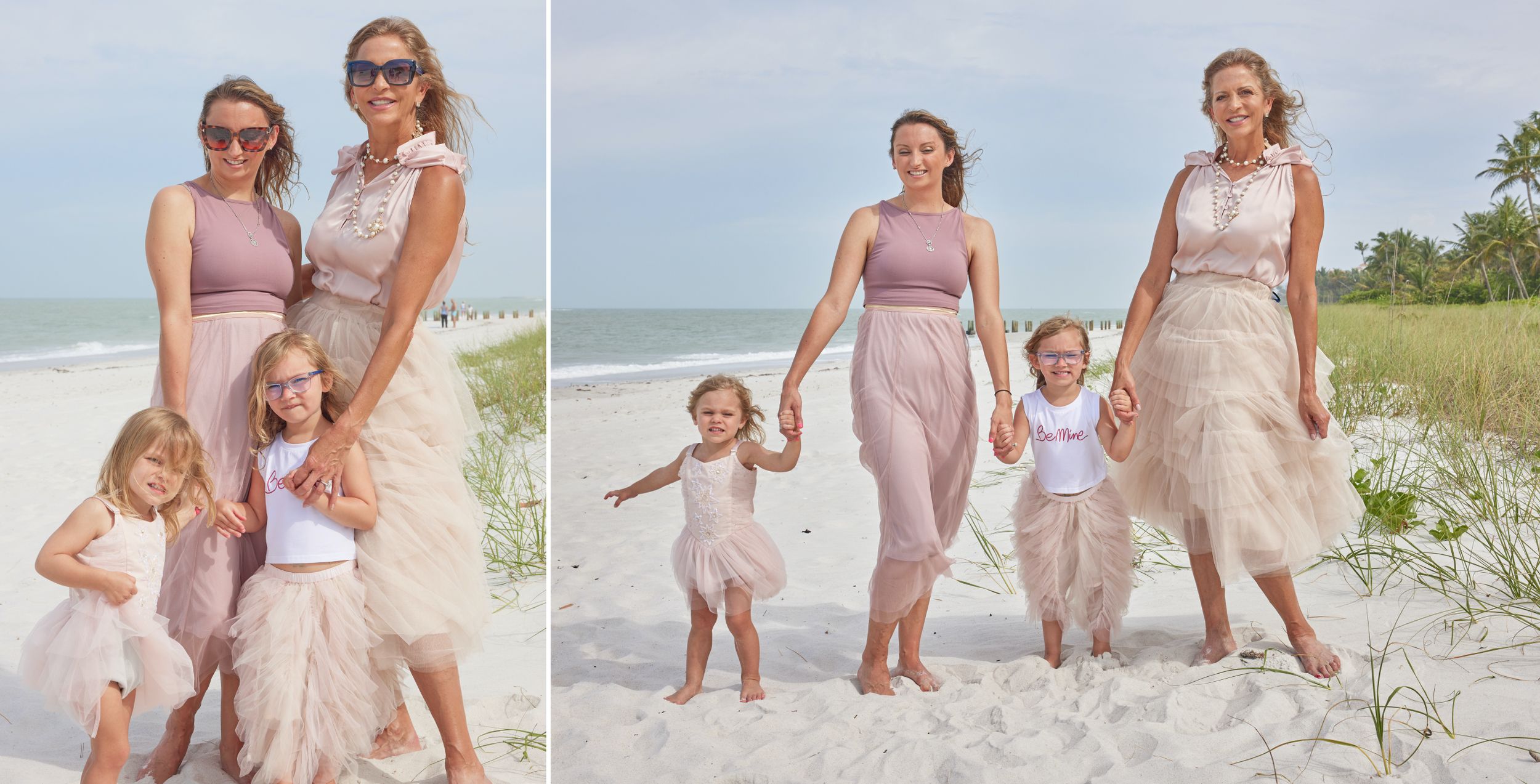 Two women and three young girls in matching blush outfits posing on a beach.