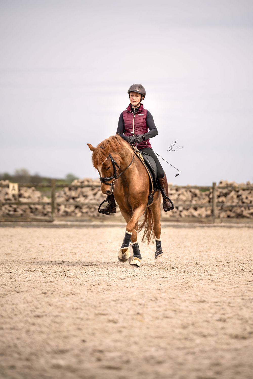Horse and rider in action performing dressage movements on sandy arena in sequence.