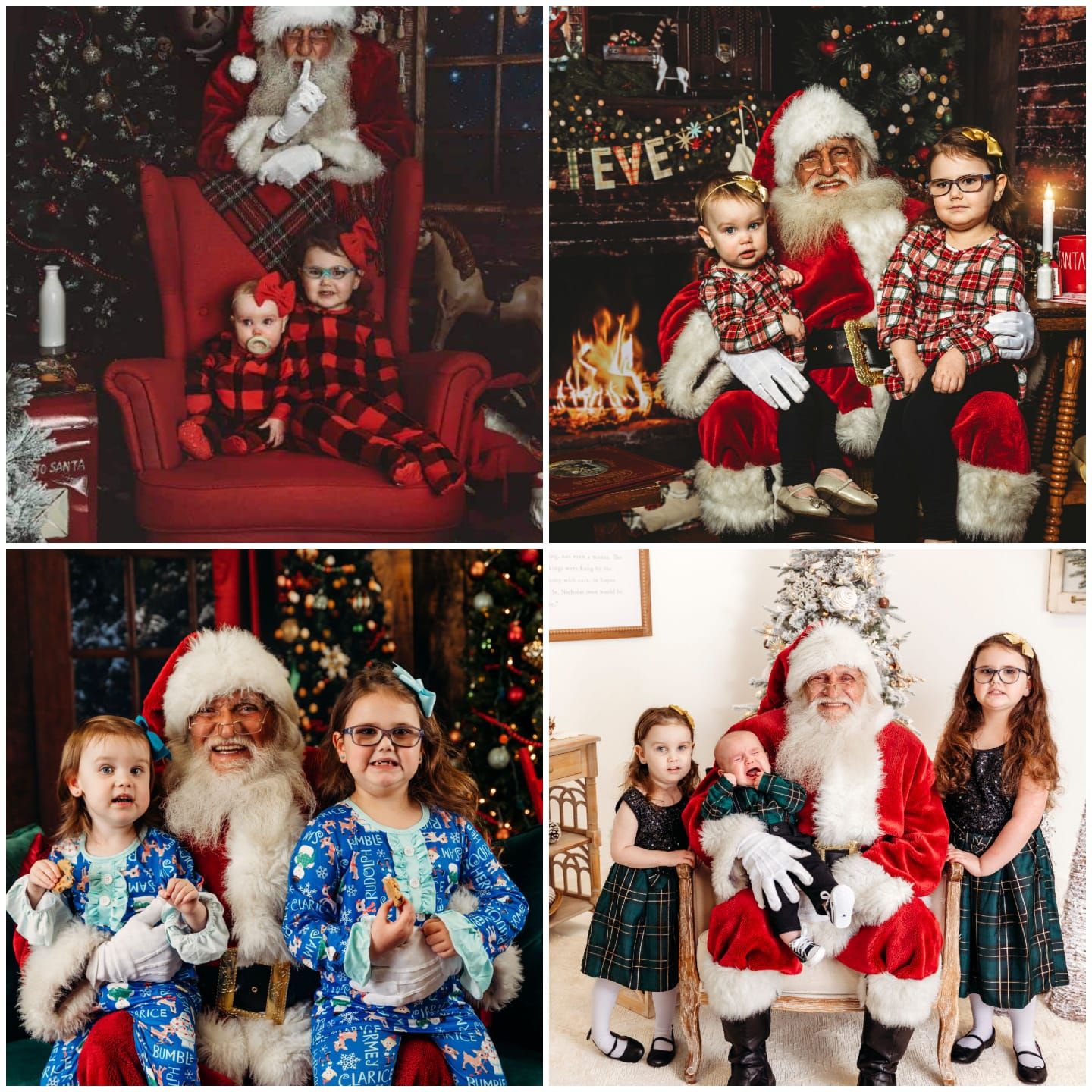 Holiday photo session with Santa Claus featuring buffalo plaid and Christmas decorations. Middle TN Child Photographer
