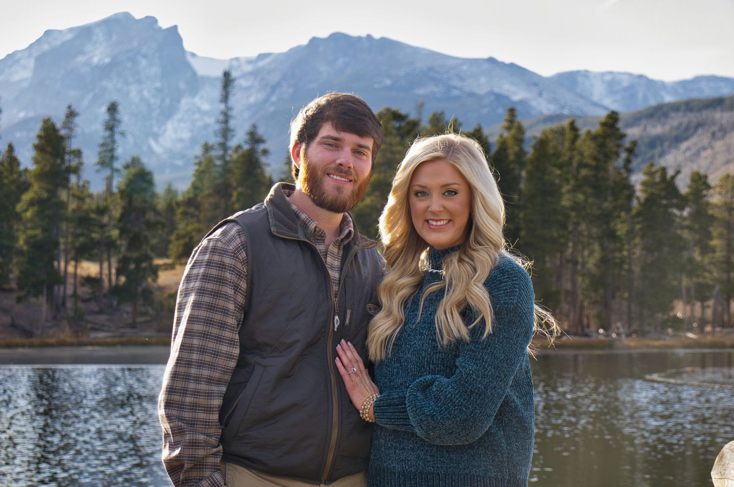 Couple after their secret proposal, Sprague Lake in The Rocky Mountain National Park. Pixcapades | The Rocky Mountain Proposal Photographer