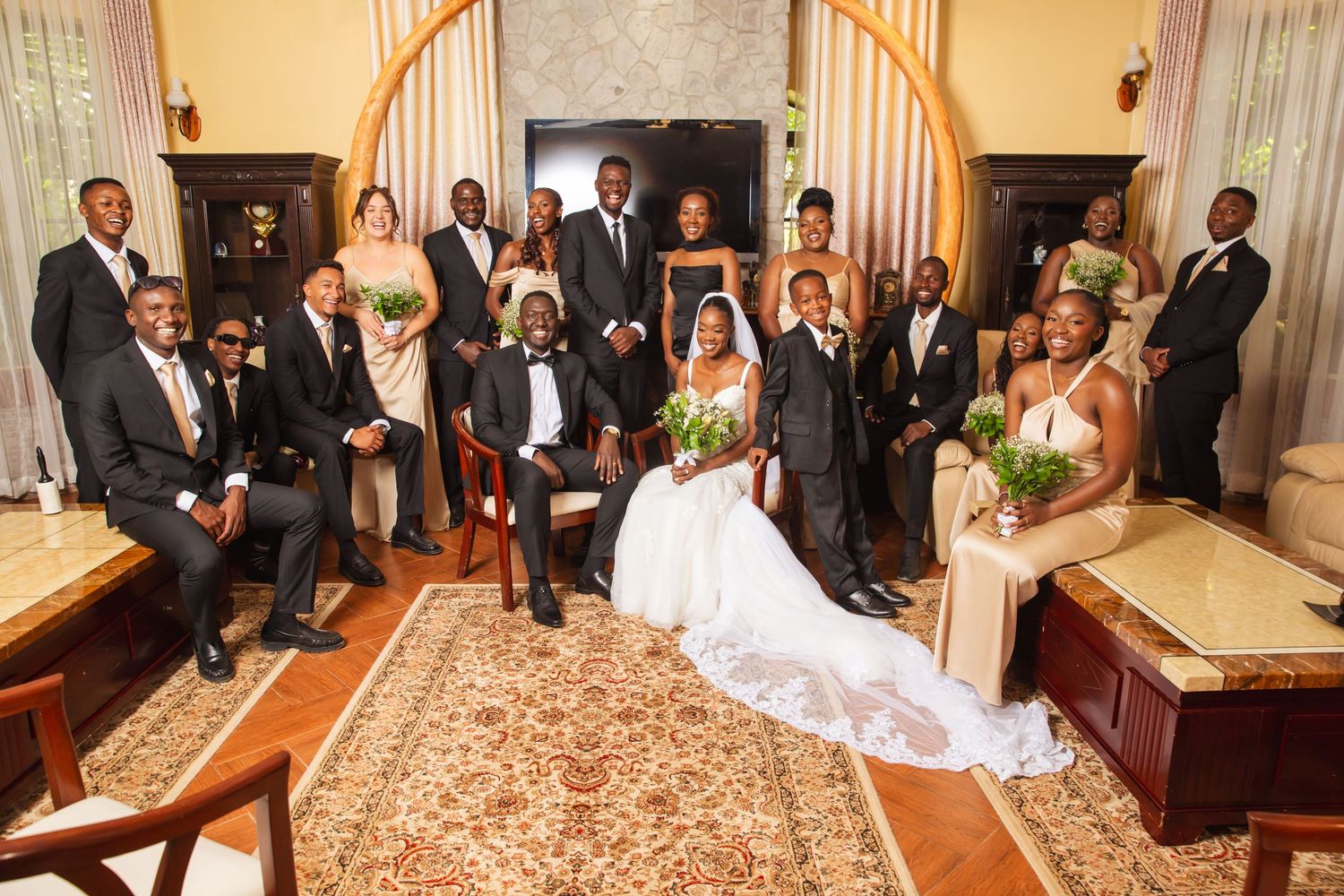 A wedding ceremony sequence shows a bride and groom exchanging vows and celebrating with guests in an elegant venue.