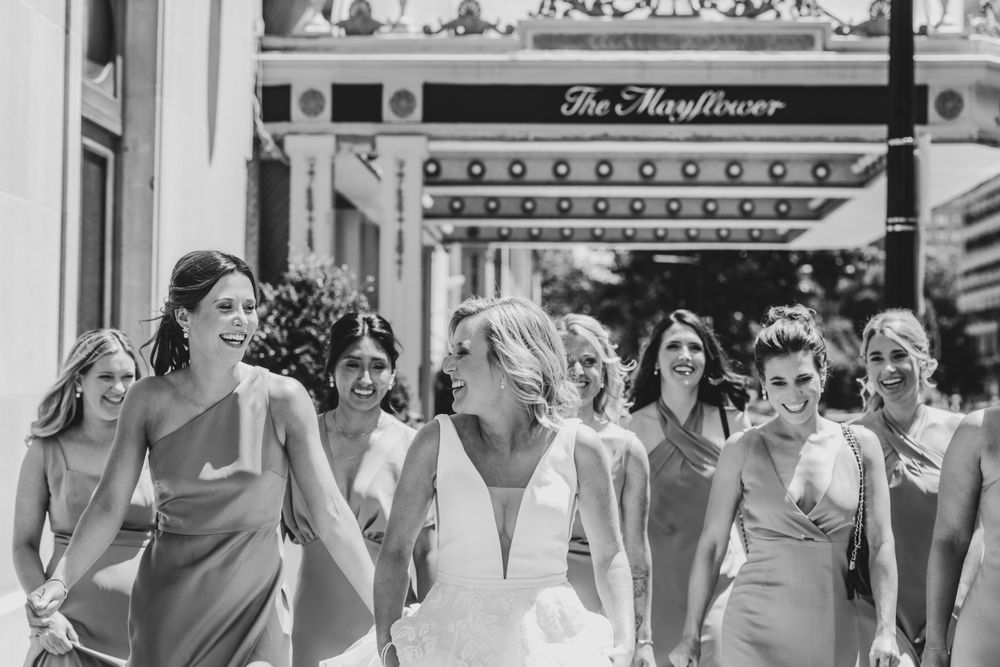 Bridesmaids walking at the Mayflower Hotel, Autograph Collection in Washington DC Wedding
