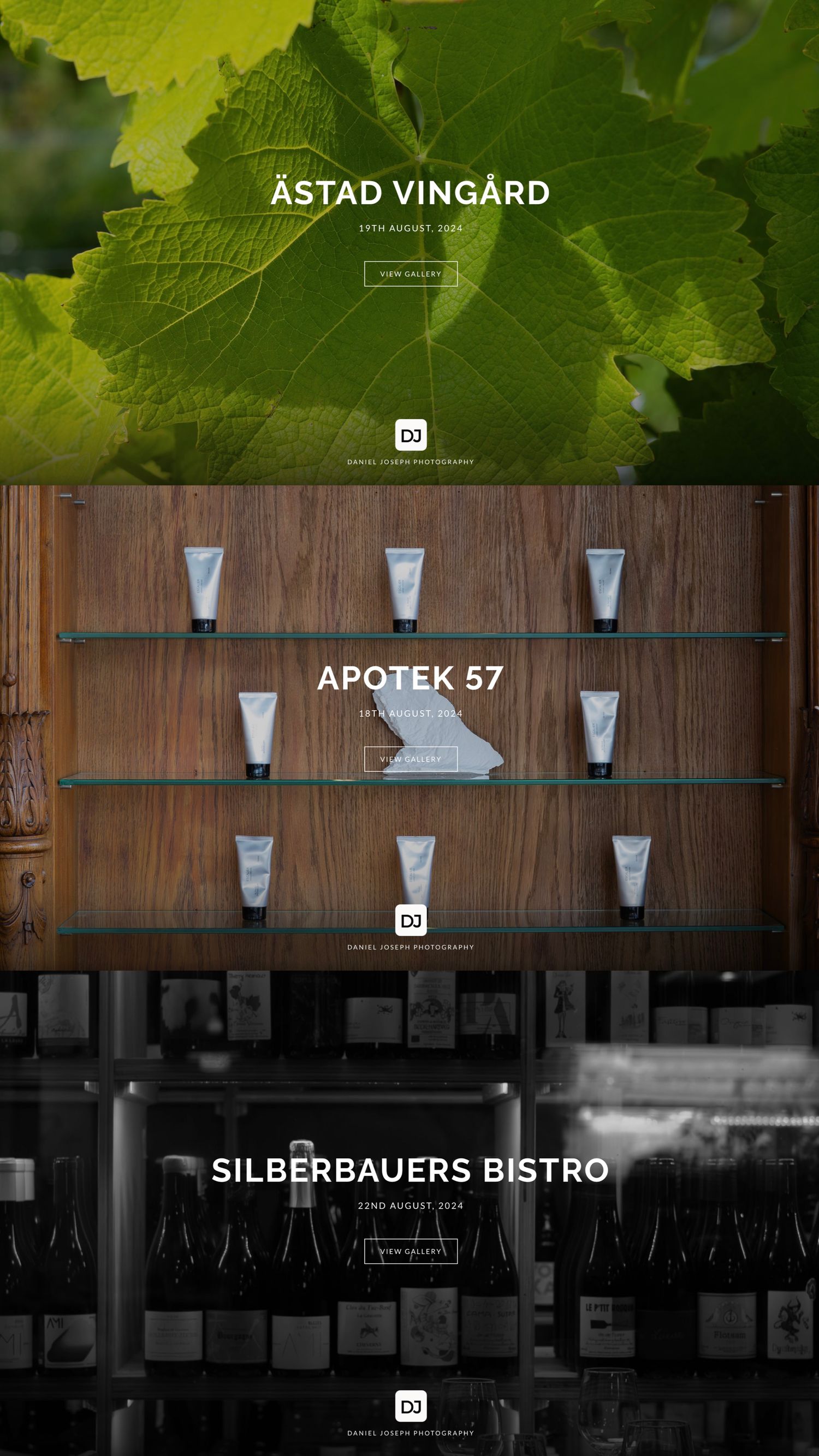 Website previews featuring Astad Vingard's grape leaves, Apotek 57's product display, and Silberbauer's bistro interior.