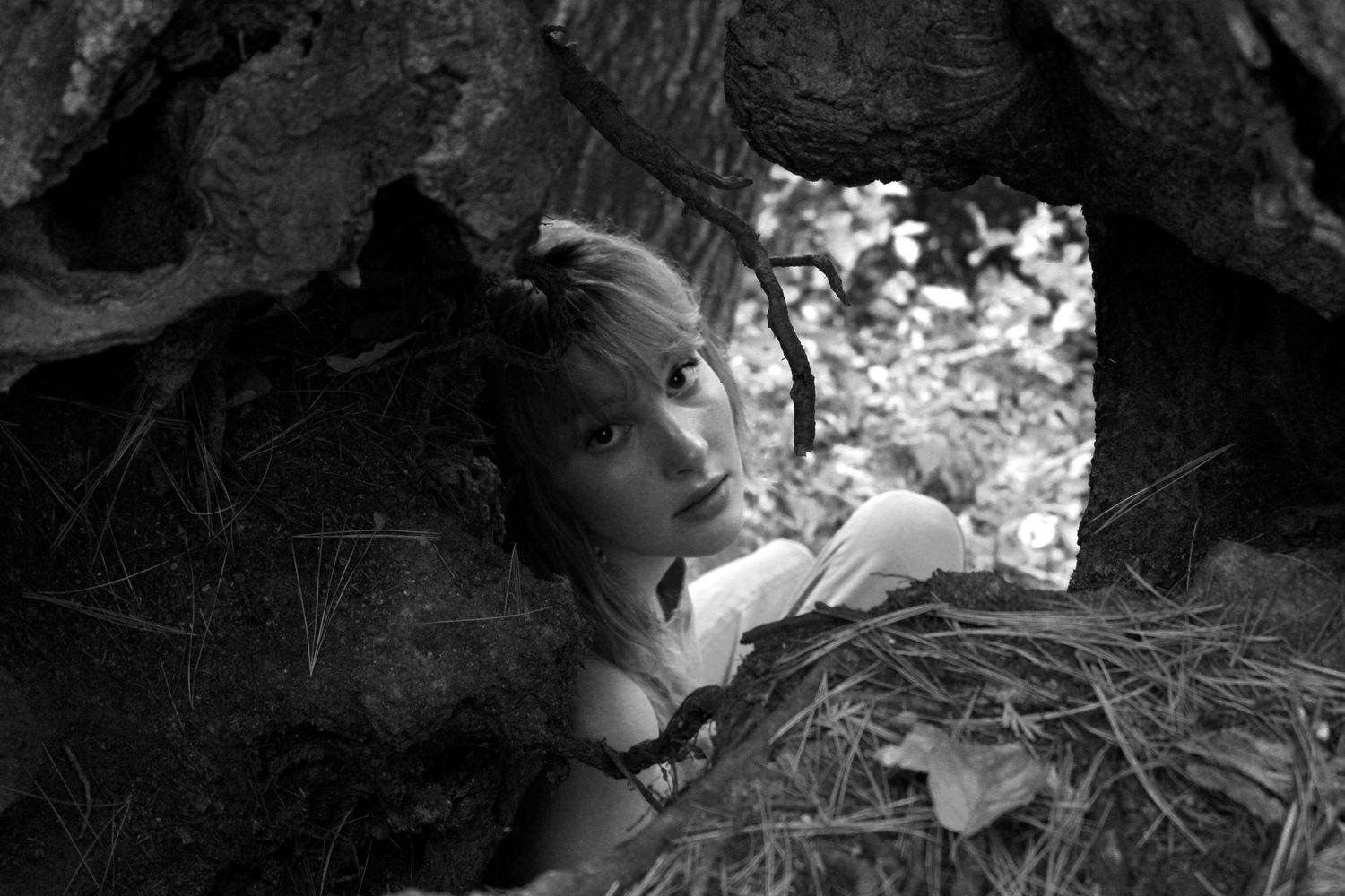 portrait of a woman photographed through the roots of a tree