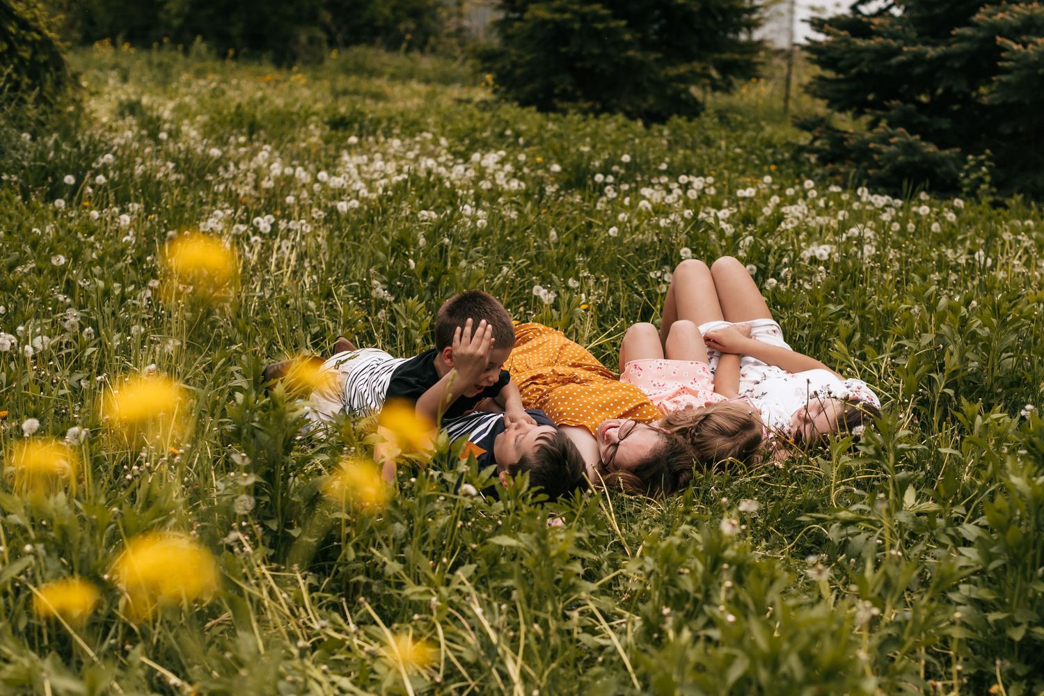 People relaxing in meadow with yellow wildflowers during spring photoshoot.