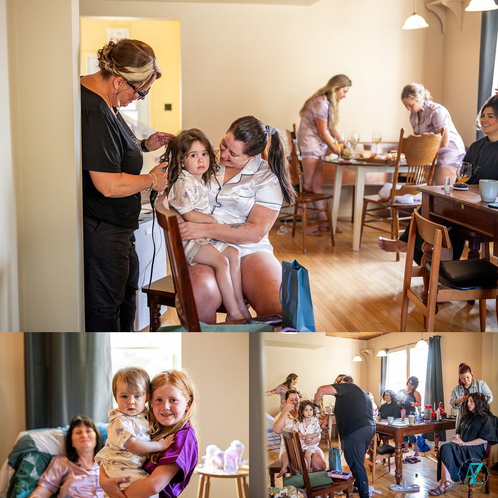 Collage of people getting ready in indoor setting with various activities happening.