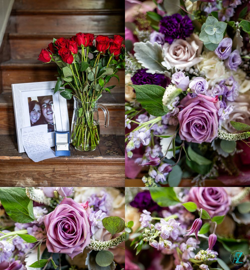Wedding floral arrangements featuring purple roses, red roses and mixed flowers in elegant displays.