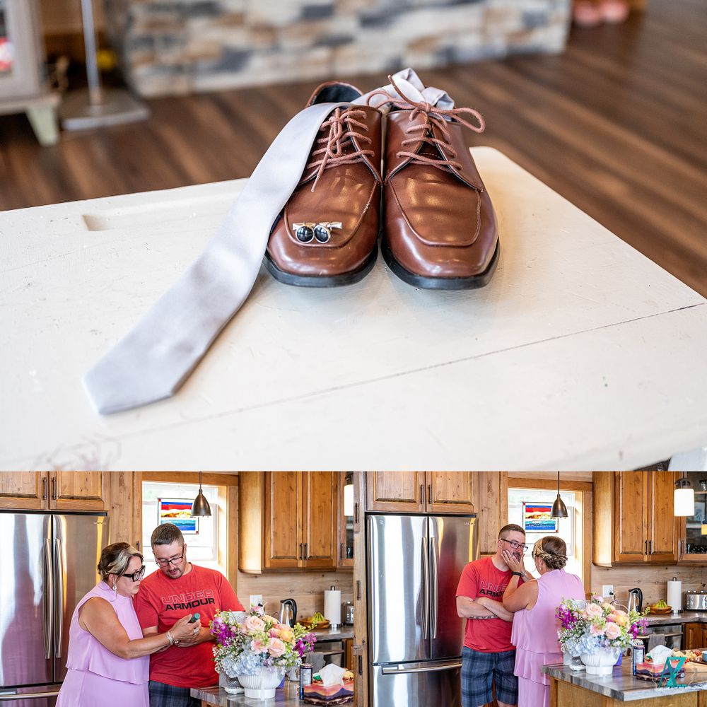 Brown dress shoes and tie arranged on white surface above kitchen scene.