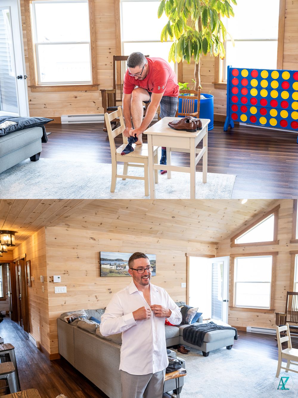 People preparing for a special occasion in a rustic wood-paneled room with a Connect Four game visible.
