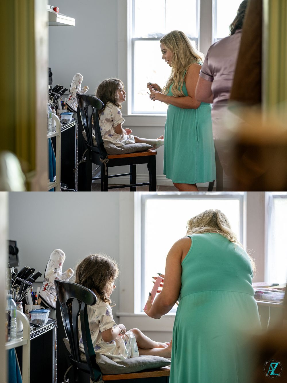Two people getting ready in a light-filled room with makeup and styling products visible.
