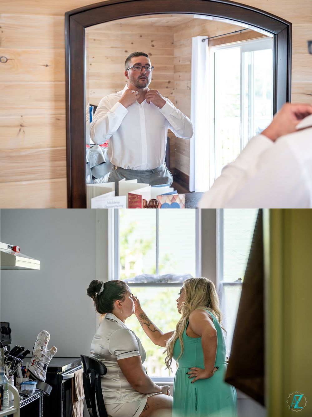 Wedding preparation scenes showing formal attire adjustments and beauty styling moments.