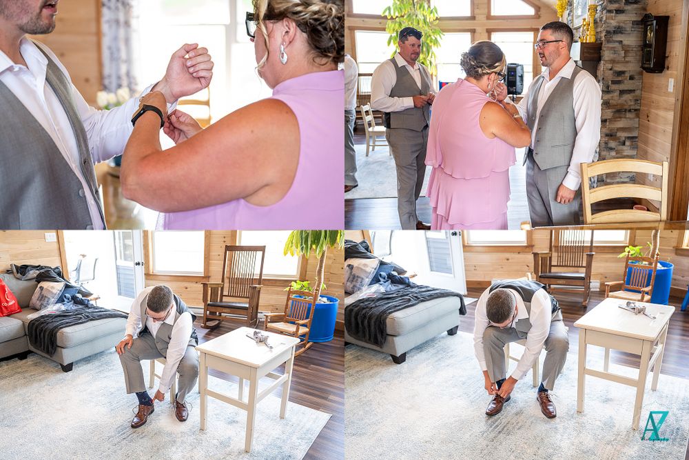 Collection of preparation moments showing tie adjustments and formal dressing sequences.