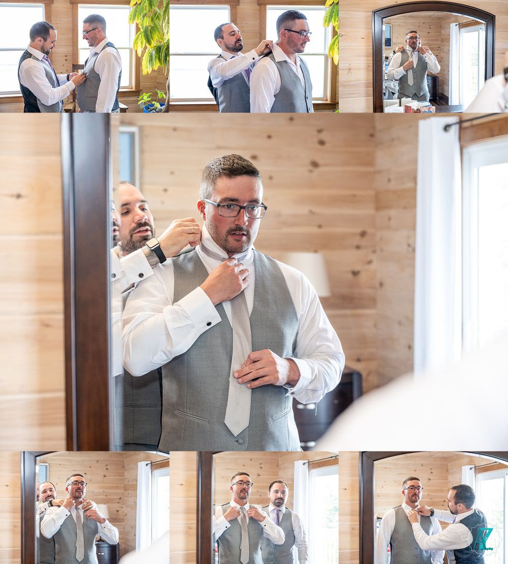 Multiple angles showing formal wear preparation and tie adjustments in a wood-paneled room.