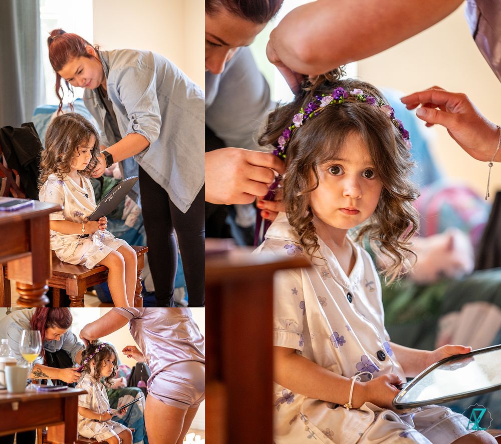 Styling session captured from multiple angles in warm natural lighting.
