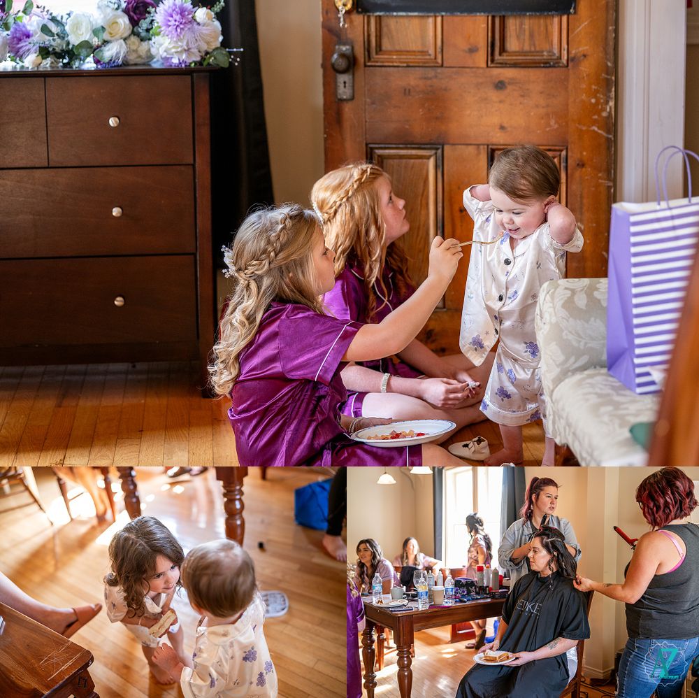 Candid moments of wedding preparation captured in a collage of indoor scenes.